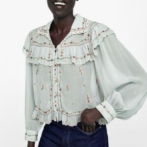 Zara Floral Embroidered Ruffle Sheer Blouse